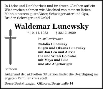 Traueranzeige von Waldemar Lunewsky von Aller Zeitung