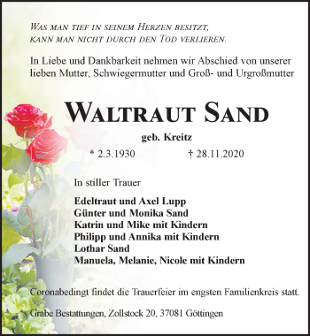 Traueranzeige von Waltraud Sand von Göttinger Tageblatt