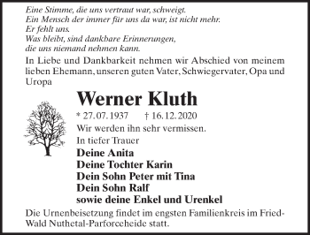 Traueranzeige von Werner Kluth von Märkischen Allgemeine Zeitung