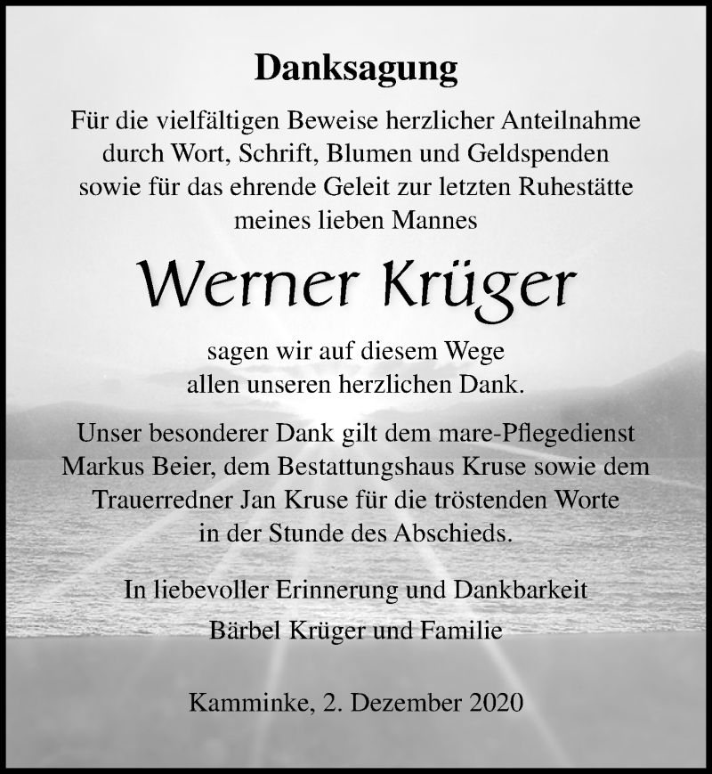  Traueranzeige für Werner Krüger vom 05.12.2020 aus Ostsee-Zeitung GmbH
