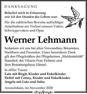 Traueranzeige von Werner Lehmann von Leipziger Volkszeitung