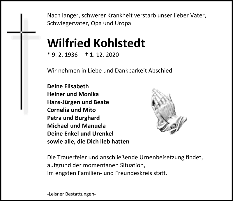  Traueranzeige für Wilfried Kohlstedt vom 05.12.2020 aus Eichsfelder Tageblatt