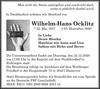 Traueranzeige von Wilhelm-Hans Ocklitz von Hannoversche Allgemeine Zeitung/Neue Presse