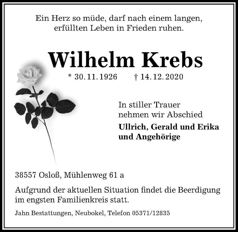  Traueranzeige für Wilhelm Krebs vom 17.12.2020 aus Aller Zeitung
