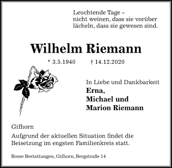 Traueranzeige von Wilhelm Riemann von Aller Zeitung