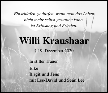 Traueranzeige von Willi Kraushaar von Lübecker Nachrichten