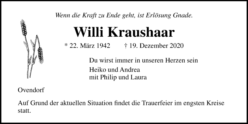  Traueranzeige für Willi Kraushaar vom 25.12.2020 aus Lübecker Nachrichten