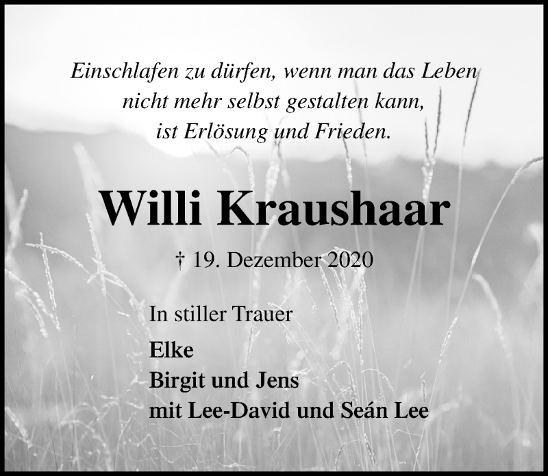  Traueranzeige für Willi Kraushaar vom 25.12.2020 aus Lübecker Nachrichten