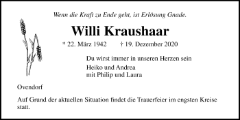 Traueranzeige von Willi Kraushaar von Lübecker Nachrichten