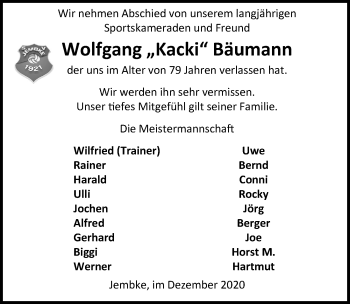 Traueranzeige von Wolfgang  Bäumann von Aller Zeitung