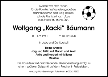 Traueranzeige von Wolfgang  Bäumann von Aller Zeitung