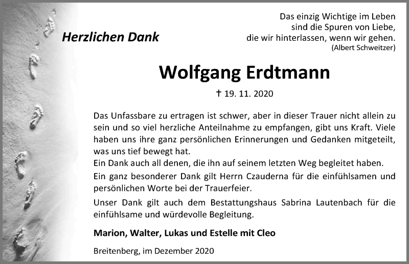  Traueranzeige für Wolfgang Erdtmann vom 19.12.2020 aus Eichsfelder Tageblatt