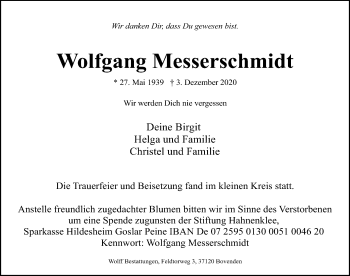Traueranzeige von Wolfgang Messerschmidt von Göttinger Tageblatt