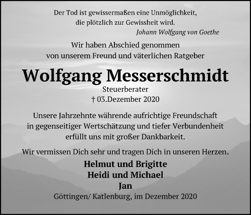  Traueranzeige für Wolfgang Messerschmidt vom 12.12.2020 aus Göttinger Tageblatt