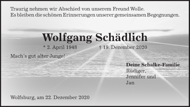  Traueranzeige für Wolfgang Schädlich vom 28.12.2020 aus Aller Zeitung