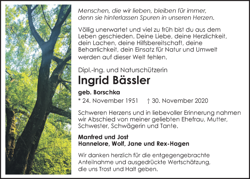  Traueranzeige für lngrid Bässler vom 23.12.2020 aus Leipziger Volkszeitung