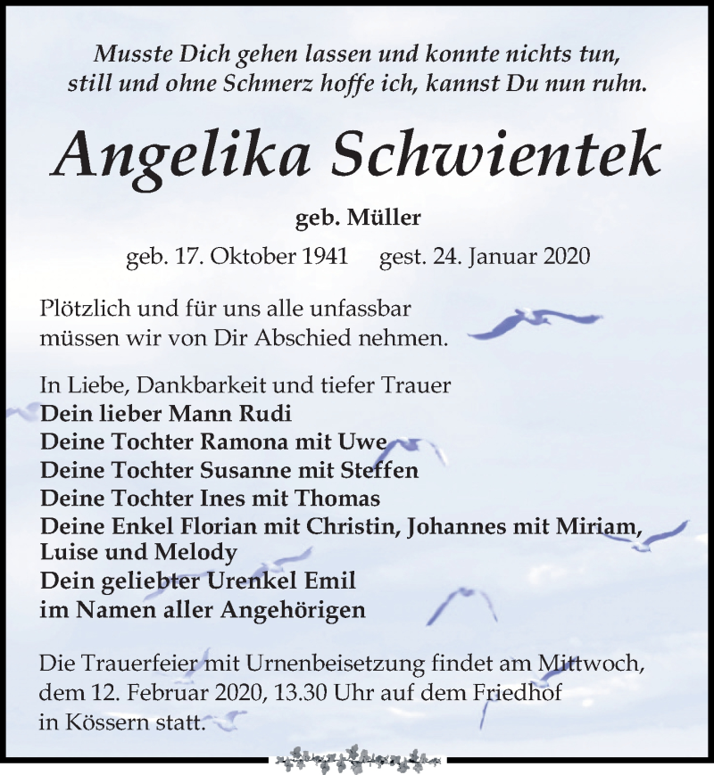  Traueranzeige für Angelika Schwientek  vom 01.02.2020 aus LVZ