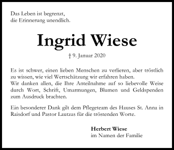 Traueranzeige von Ingrid Wiese von Kieler Nachrichten