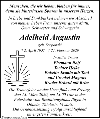 Traueranzeige von Adelheid Augustin von Leipziger Volkszeitung