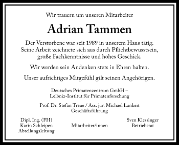 Traueranzeige von Adrian Tammen von Göttinger Tageblatt