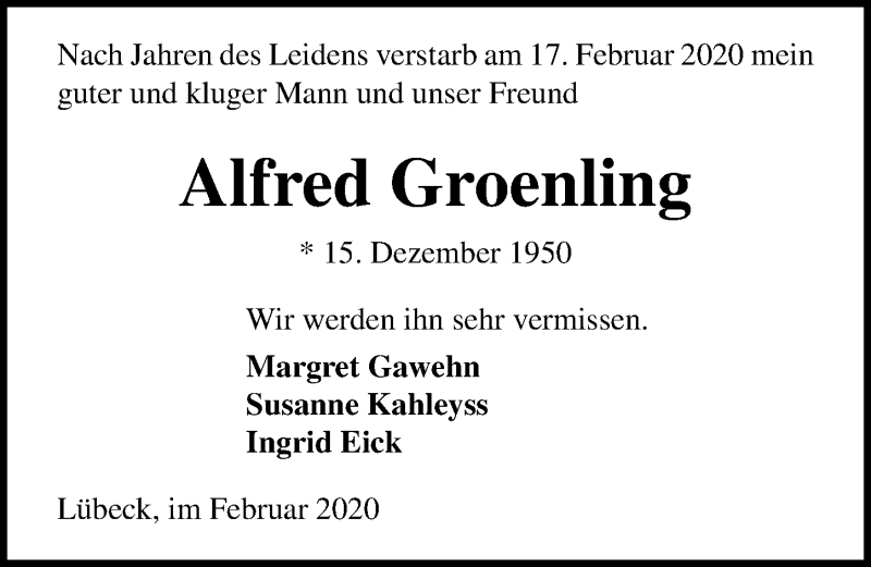  Traueranzeige für Alfred Groenling vom 23.02.2020 aus Lübecker Nachrichten