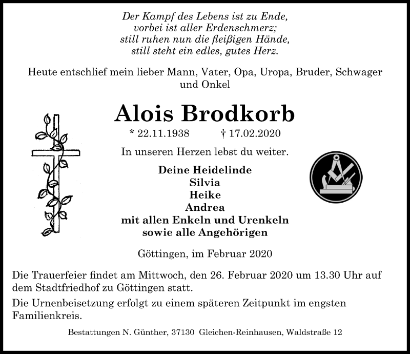  Traueranzeige für Alois Brodkorb vom 22.02.2020 aus Göttinger Tageblatt