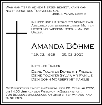 Traueranzeige von Amanda Böhme von Märkischen Allgemeine Zeitung