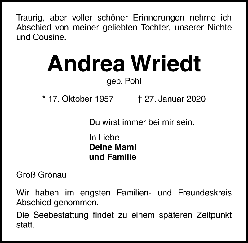  Traueranzeige für Andrea Wriedt vom 09.02.2020 aus Lübecker Nachrichten