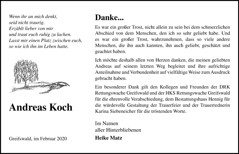  Traueranzeige für Andreas Koch vom 22.02.2020 aus Ostsee-Zeitung GmbH