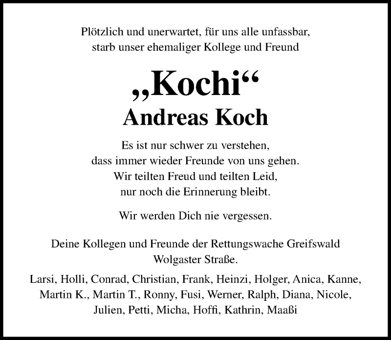  Traueranzeige für Andreas Koch vom 01.02.2020 aus Ostsee-Zeitung GmbH