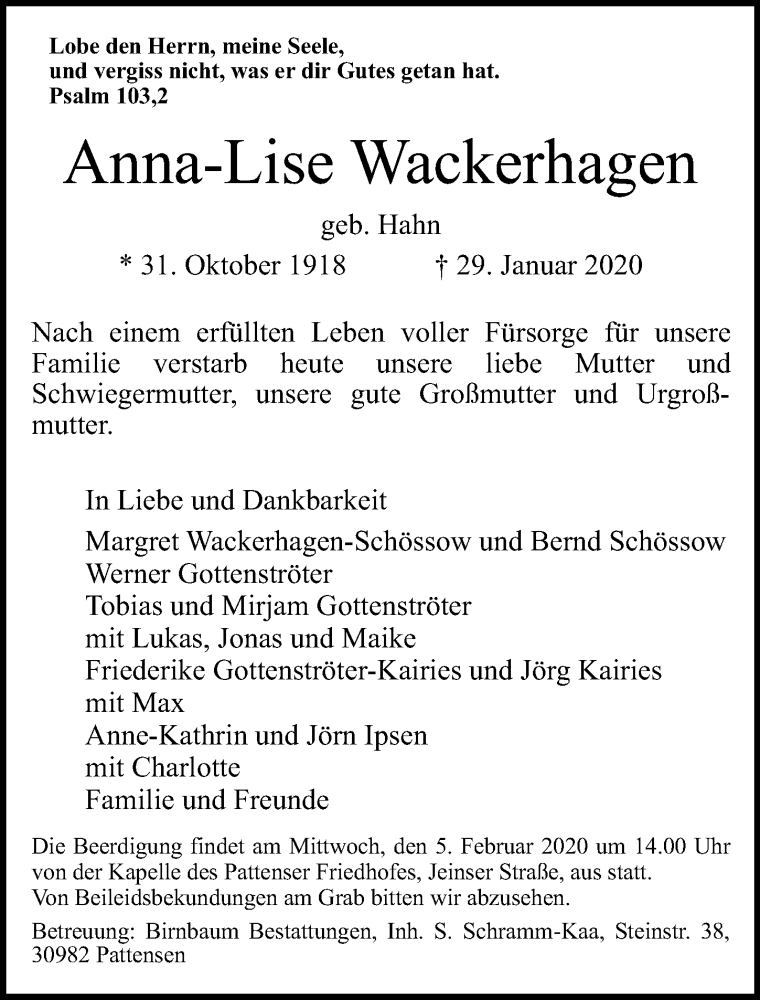  Traueranzeige für Anna-Lise Wackerhagen vom 01.02.2020 aus Hannoversche Allgemeine Zeitung/Neue Presse