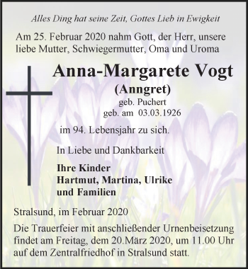 Traueranzeige von Anna-Margarete Vogt von Ostsee-Zeitung GmbH