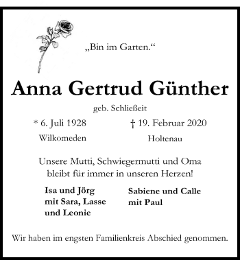 Traueranzeige von Anna Gertrud Günther von Kieler Nachrichten