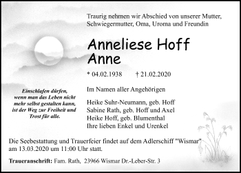 Traueranzeige von Anneliese Hoff von Ostsee-Zeitung GmbH