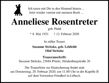Traueranzeige von Anneliese Rosentreter von Lübecker Nachrichten