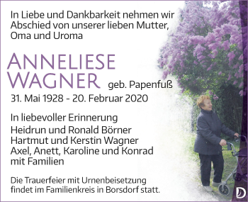 Traueranzeige von Anneliese Wagner von Leipziger Volkszeitung