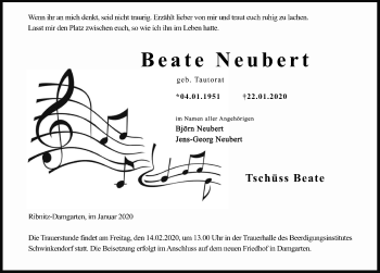 Traueranzeige von Beate Neubert von Ostsee-Zeitung GmbH