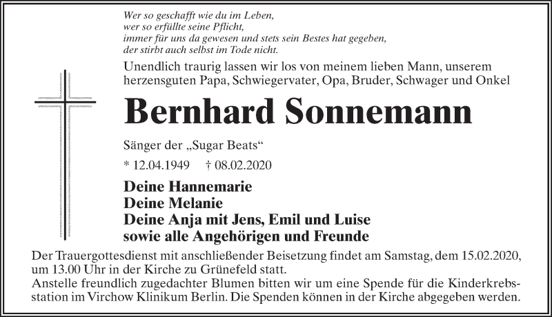  Traueranzeige für Bernhard Sonnemann vom 12.02.2020 aus Märkischen Allgemeine Zeitung