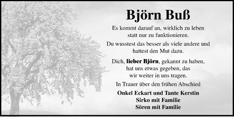  Traueranzeige für Björn Buß vom 22.02.2020 aus Ostsee-Zeitung GmbH