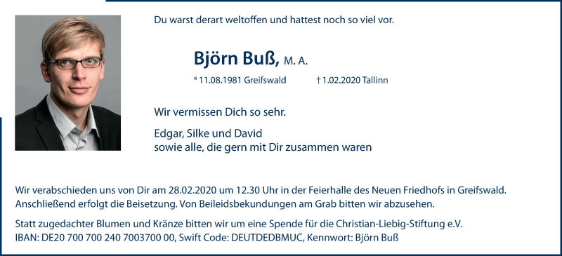  Traueranzeige für Björn Buß vom 22.02.2020 aus Ostsee-Zeitung GmbH