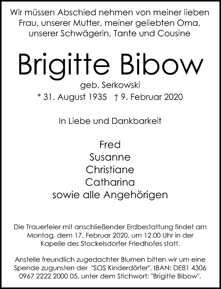  Traueranzeige für Brigitte Bibow vom 13.02.2020 aus Lübecker Nachrichten