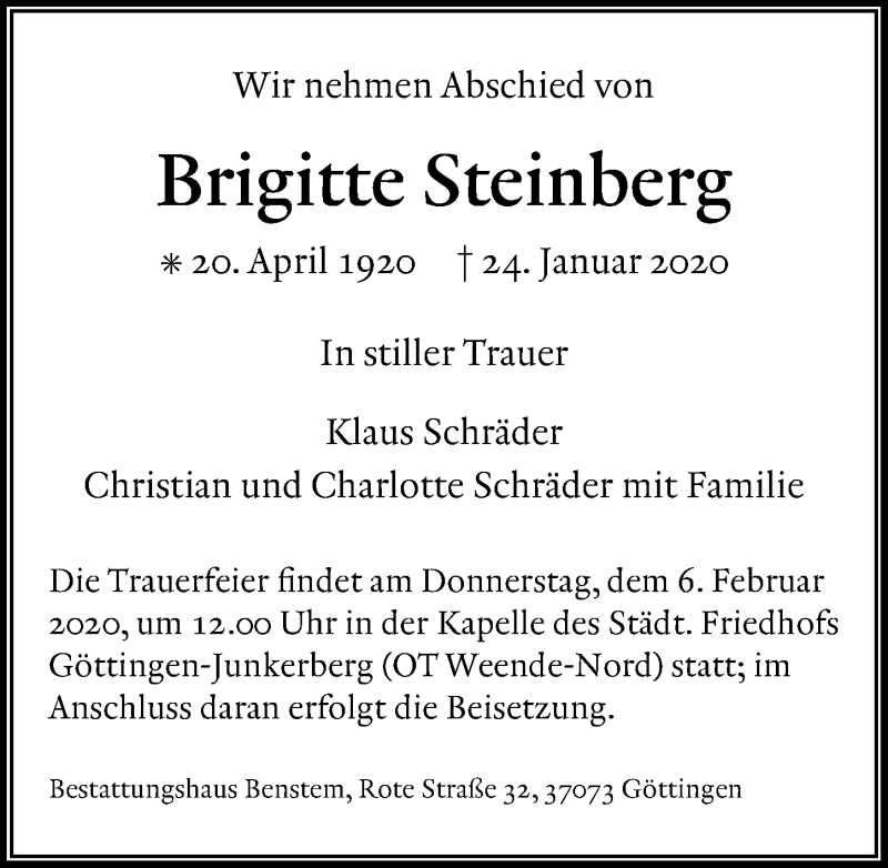  Traueranzeige für Brigitte Steinberg vom 01.02.2020 aus Göttinger Tageblatt