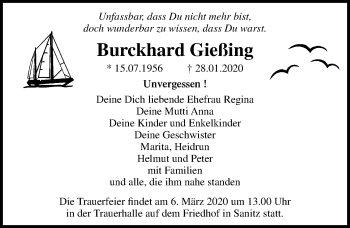 Traueranzeige von Burckhard Gießing von Ostsee-Zeitung GmbH