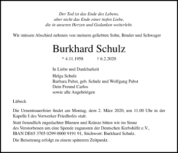 Traueranzeige von Burkhard Schulz von Lübecker Nachrichten