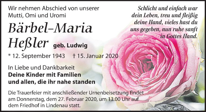  Traueranzeige für Bärbel-Maria Heßler vom 15.02.2020 aus Leipziger Volkszeitung