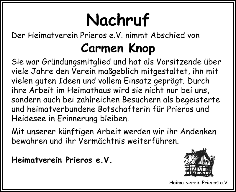  Traueranzeige für Carmen Knop vom 22.02.2020 aus Märkischen Allgemeine Zeitung