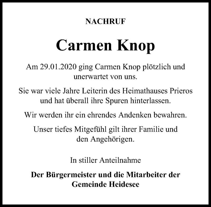  Traueranzeige für Carmen Knop vom 15.02.2020 aus Märkischen Allgemeine Zeitung