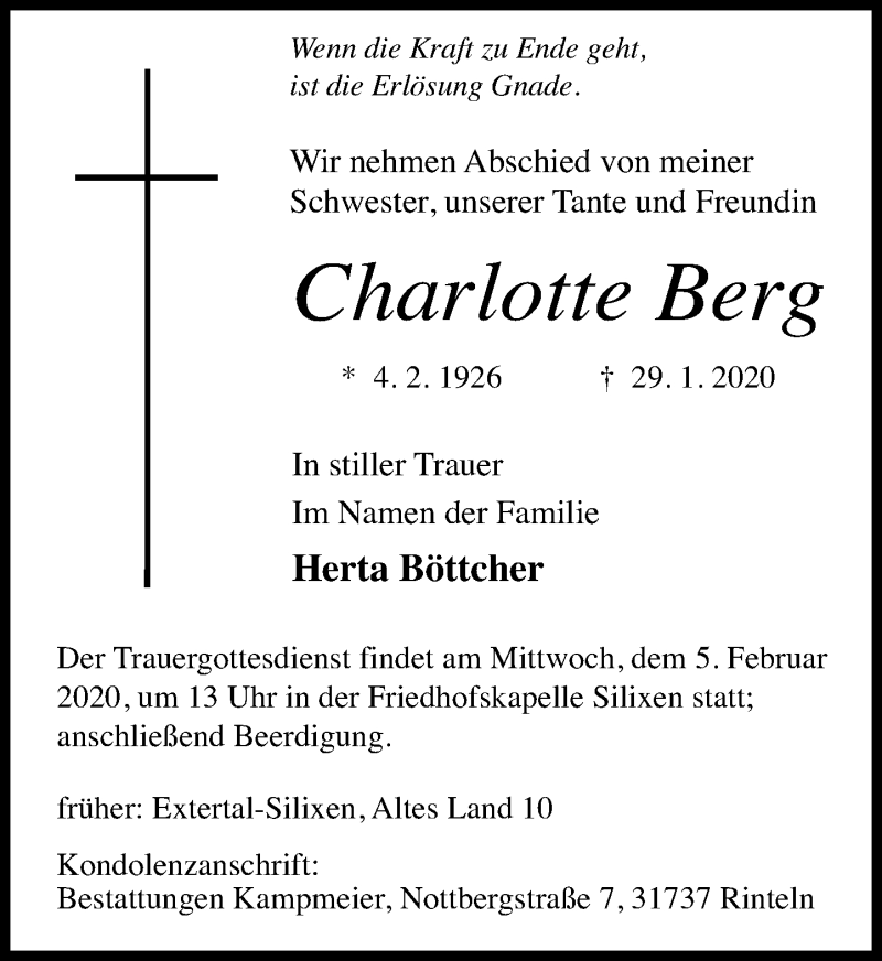  Traueranzeige für Charlotte Berg vom 01.02.2020 aus Schaumburger Nachrichten
