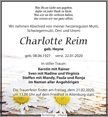 Traueranzeige von Charlotte Reim von Leipziger Volkszeitung
