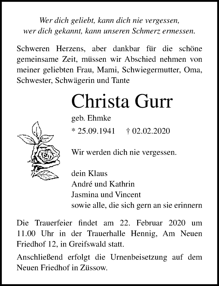  Traueranzeige für Christa Gurr vom 08.02.2020 aus Ostsee-Zeitung GmbH